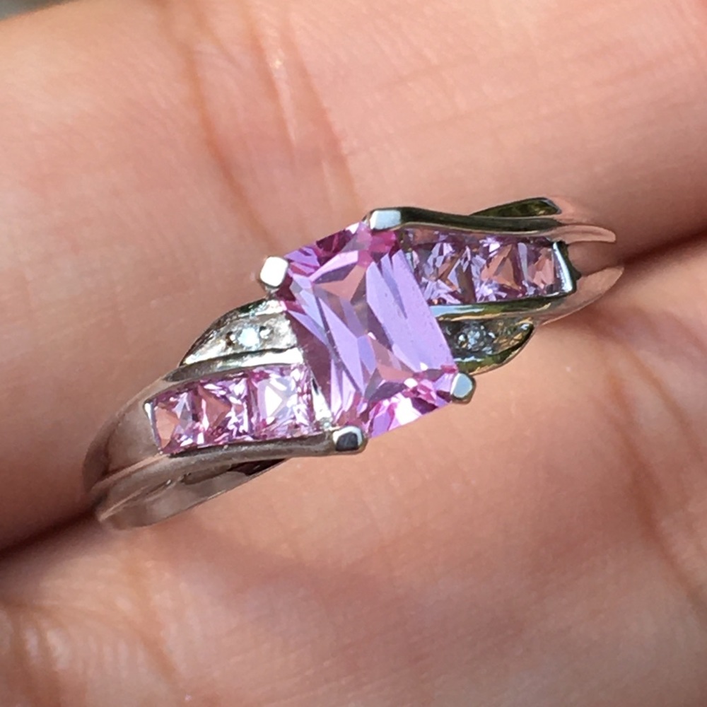 10k Solid White Gold Pink Topaz & Diamond Ring - Picture 14 of 15
